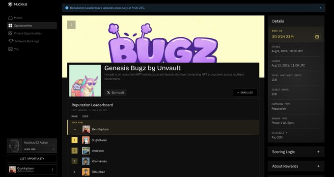 A screenshot of the Nucleus platform shows the 'Genesis Bugz by Unvault' reputation leaderboard featuring user rankings and campaign details.