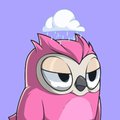 A small pink cartoon owl with large, half-closed eyes and a small white cloud icon floating above its head against a light purple background.