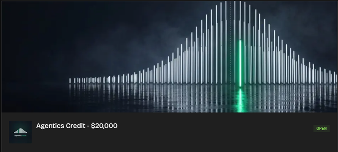 A digital audio visualizer displaying vertical sound bars in white with one highlighted in green against a dark background, labeled 'Agentics Credit - $20,000' with an 'OPEN' status.