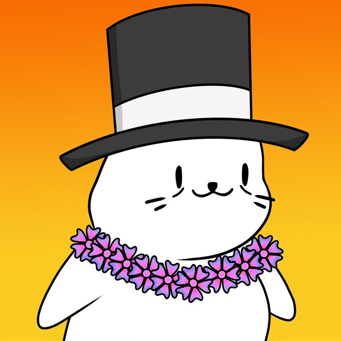 A cartoon illustration of a white cat-like character wearing a black top hat and a purple flower lei against an orange gradient background.