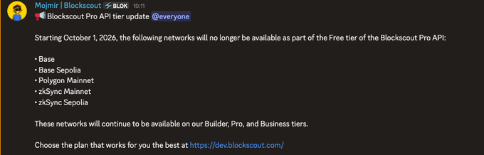 Screenshot of a BlockScout Discord announcement stating that starting October 1, 2026, networks including Base, Base Sepolia, Polygon Mainnet, zkSync Mainnet, and zkSync Sepolia will no longer be available on the Free tier.