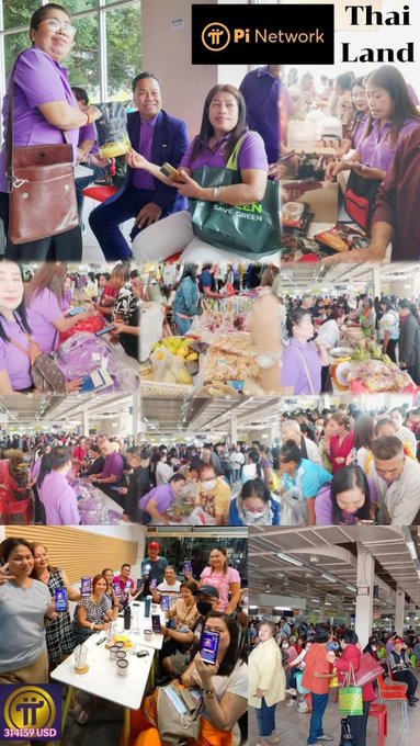 A collage of photos showing a 'Thailand' community event for Pi Network, with people wearing purple shirts and a '3 Pi = 1 USD' graphic.