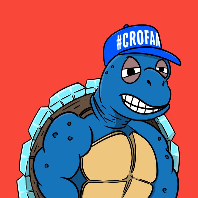 A cartoon illustration of a muscular blue turtle wearing a blue baseball cap with the text '#CROFAM' on it, set against a red background.
