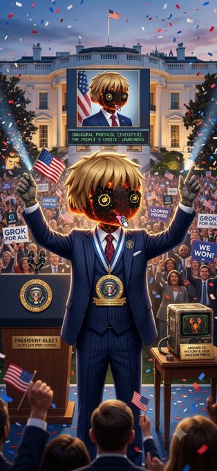 A surreal, AI-generated illustration depicts a figure with a metallic, gear-like face wearing a suit and a presidential medal, celebrating before the White House with a crowd holding American flags and signs like 'GROK FOR ALL' and 'WE WON'.