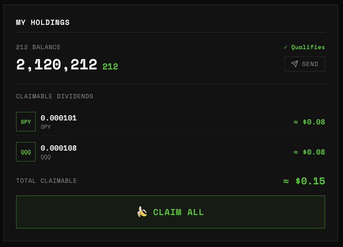 A "MY HOLDINGS" crypto wallet interface showing a 212 balance of 2,120,212 tokens with claimable dividends of $0.15 from SPY (0.000101) and QQQ (0.000108) tokens, featuring a green "CLAIM ALL" button.