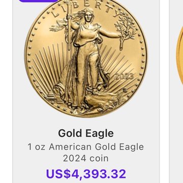 A product listing image showing a Gold Eagle coin labeled '1 oz American Gold Eagle 2024 coin' with a price of US$4,393.32.