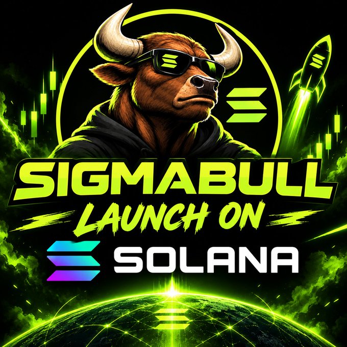 A promotional graphic for 'SIGMABULL LAUNCH ON SOLANA' features a fierce bull wearing sunglasses, the Solana logo, and a glowing green rocket launching against a dark background.