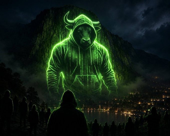 A giant glowing green bull hologram with a hooded sweatshirt towers over a mountainous cityscape at night, while hooded figures watch from below. The image symbolizes the "bullish" crypto airdrop promotion for $BHOODIES tokens on the Solana blockchain, with the looming bull figure representing the promised 100,000 token giveaway to participants.