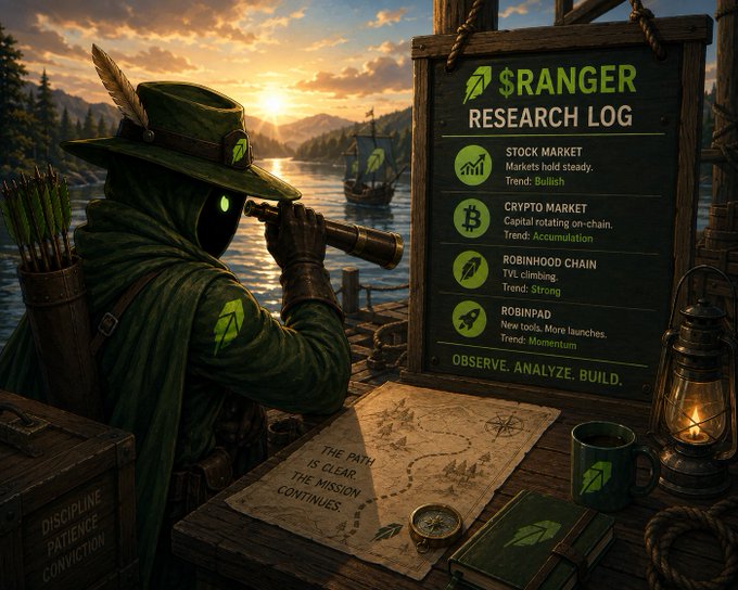 A digital illustration of a green-cloaked ranger with glowing eyes looking through a spyglass at sunset, with a 'Research Log' board showing 'STOCK MARKET', 'CRYPTO MARKET', 'ROBINHOOD CHAIN', and 'ROBINPAD', plus the text 'OBSERVE. ANALYZE. BUILD.'