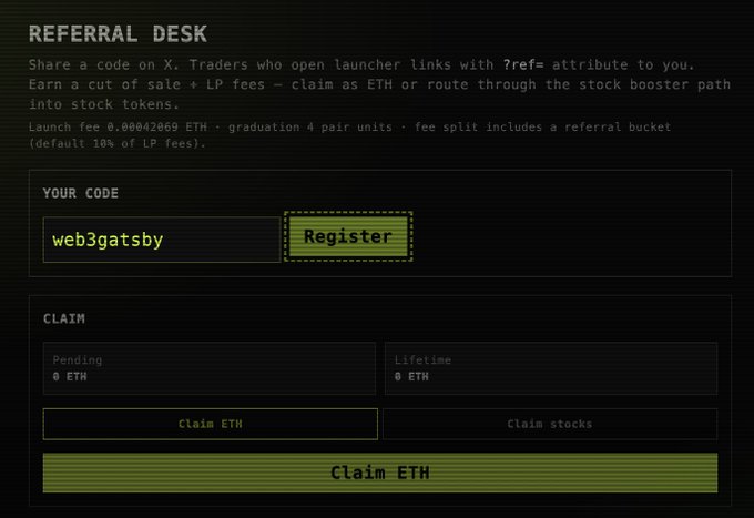 A dark-themed 'REFERRAL DESK' interface shows a referral code 'web3gatsby' with registration and claim options for ETH or stocks.