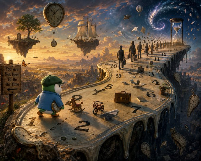 A surreal fantasy landscape features a winding clock-like pathway with numbered hours, a small figure in a green hat carrying a pocket watch, floating islands, a ship, and a sign reading 'You Are Not Here To Be On Time'.