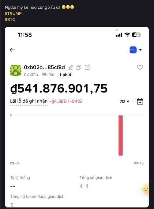 A Vietnamese trader holding $BTC and $TRUMP saw their portfolio plunge to ₫541,876,901.75, with a seven-day PNL loss of –₫4.38B (–94%) and 4 trades. The screenshot illustrates the post’s claim that nearly ₫4.3B was lost after trusting President Trump.