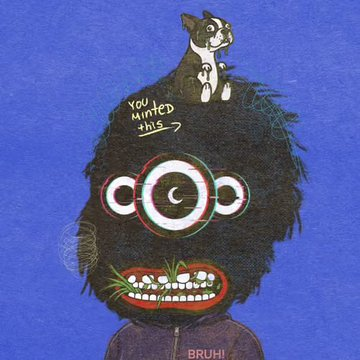 A surreal digital artwork of a dark, fuzzy figure with multiple eyes, a wide toothy grin, a cat sitting on its head, and the text 'you wanted this' and 'BRUH!' written on it.