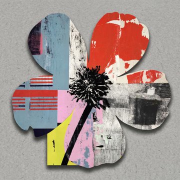 A street art-style illustration of a flower with colorful distressed petals in blue, red, pink, and yellow on a gray background.