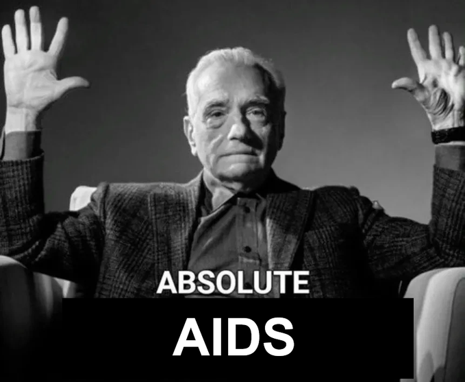 A black-and-white photograph of an older man with white hair raising both hands with open palms, with the text 'ABSOLUTE AIDS' overlaid at the bottom.