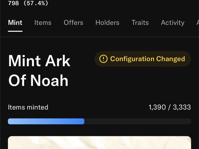 A dark-themed crypto dashboard showing 'Mint Ark Of Noah' with 1,390 / 3,333 items minted, a 'Configuration Changed' notification, and tabs for Mint, Items, Offers, Holders, Traits, and Activity.