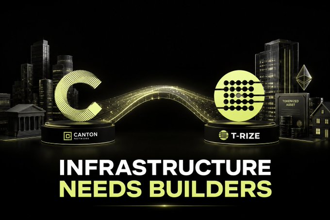 A dark promotional graphic with a glowing yellow wave bridging two pedestals displaying the Canton Network and T-RIZE logos against a city skyline, with the tagline "INFRASTRUCTURE NEEDS BUILDERS" below. The visual metaphor of a connecting wave reinforces the post's message about T-RIZE serving as a key institutional builder linking traditional finance to the Canton Network blockchain.
