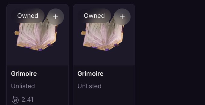 An NFT marketplace interface displays two identical "Grimoire" items, both marked as "Owned" and "Unlisted" with a price of 2.41.