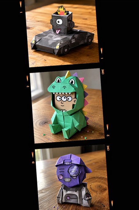 A collage of three photographs showing papercraft figures: a black tank-like robot with a flaming eye, a green dinosaur character with a human face inside its mouth, and a small purple and silver robot.