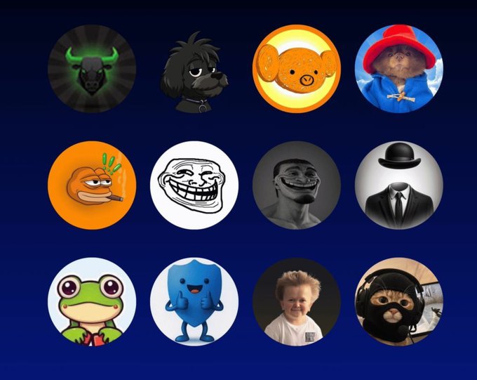 A grid of twelve circular meme icons is displayed on a dark blue background, featuring popular internet characters including the Bull, Wojak, Trollface, Wojak in a suit, Pepe the Frog, and Paddington Bear, among others. The image illustrates the post's call to action, visually representing the various meme-based cryptocurrencies ("MemeCoins") that viewers might be invested in.