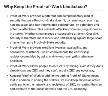 A presentation slide titled 'Why Keep the Proof-of-Work blockchain?' detailing the security and censorship-resistance benefits of Proof-of-Work over Proof-of-Stake for the Zcash network.