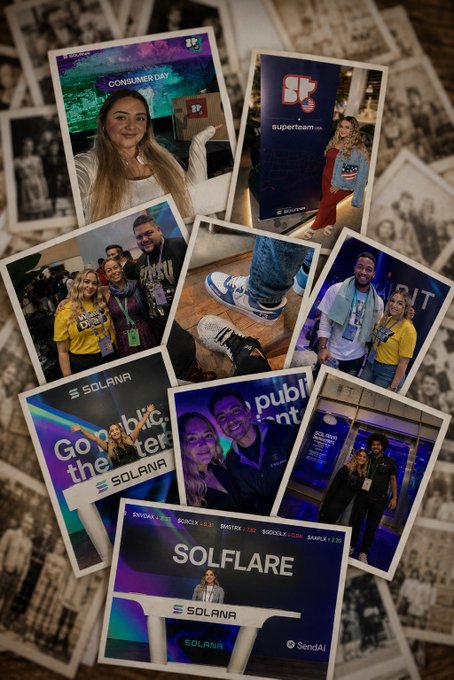 The collage features multiple photos, including pictures from an event or gathering at Solare. These images showcase a variety of groups of people posing together, such as young men and women wearing sunglasses, standing around tables with a tablecloth. The main caption on this image is "A camera roll full of memories. What started as curiosity became friendships. Friendships became opportunities. Opportunities became a career." The context behind the photos and their arrangement conveys the idea that Solare has provided a platform for people to come together, make friends, and pursue potential careers related to the event or gathering.