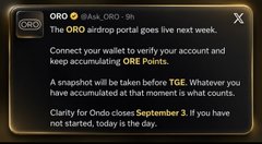 A screenshot from the ORO airdrop portal displays a notice stating that ORE Points accumulation closes September 3, reminding users to verify their account and keep accumulating points before TGE, aligning with the post's call to action for earning up to 6,000 ORE Points through a new ZIGChain campaign.