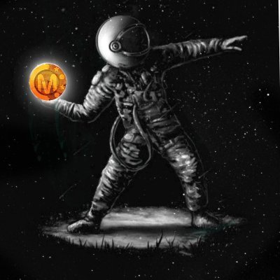 A grayscale digital illustration of an astronaut in a spacesuit standing on a small patch of grass against a starry space background, holding a glowing gold coin with an 'M' logo.