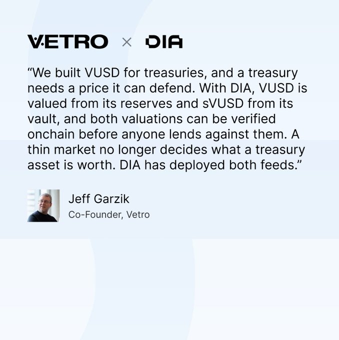 A testimonial graphic from Vetro featuring a quote from Co-Founder Jeff Garzik explaining how DIA's oracle values VUSD from its reserves and sVUSD from its vault, enabling onchain-verifiable pricing for DeFi treasury lending.
