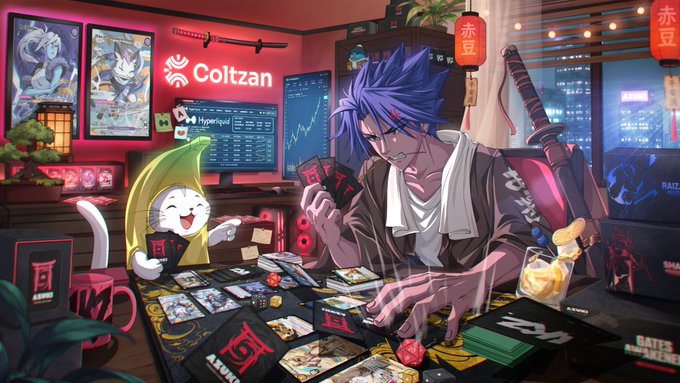 An anime-style illustration shows a blue-haired character in samurai attire holding cards at a gaming table alongside a small, smiling banana-costumed cat, with 'Coltzan' branding and 'GATES OF AKAMENO' visible.