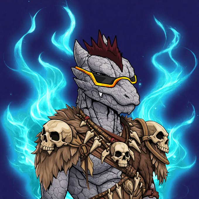 Digital artwork of a gray dragon-like reptilian character with a red mohawk and yellow sunglasses, wearing a fur mantle adorned with skulls and bones, surrounded by blue flame auras.