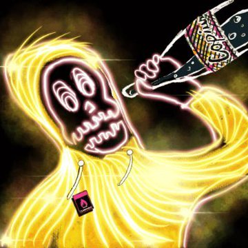 A glowing neon-yellow skeletal figure wearing a "Rekt" necklace takes a swig from an ornate bottle, evoking a psychedelic "drunk rekt" vibe that ties into the @rektguy NFT community being highlighted as a top mint.