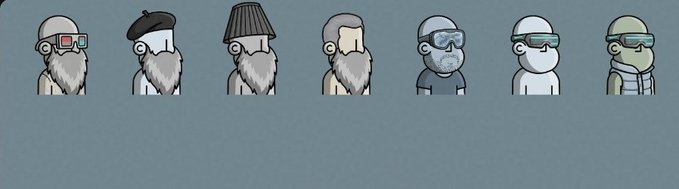 A horizontal lineup of seven cartoon-style character illustrations featuring bearded figures and others wearing various hats, goggles, and glasses against a blue-gray background.
