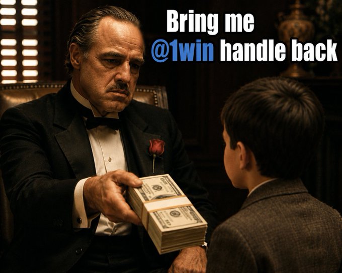 A scene resembling The Godfather with the text 'Bring me @1win handle back' overlaid, showing a man in a tuxedo handing stacks of cash to a boy.
