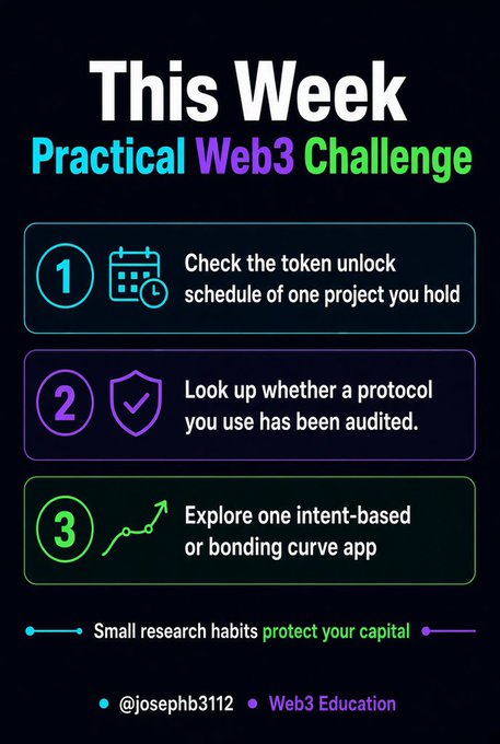 An infographic titled 'This Week Practical Web3 Challenge' outlines three steps: checking token unlock schedules, verifying protocol audits, and exploring intent-based or bonding curve apps, credited to @josephb3112.