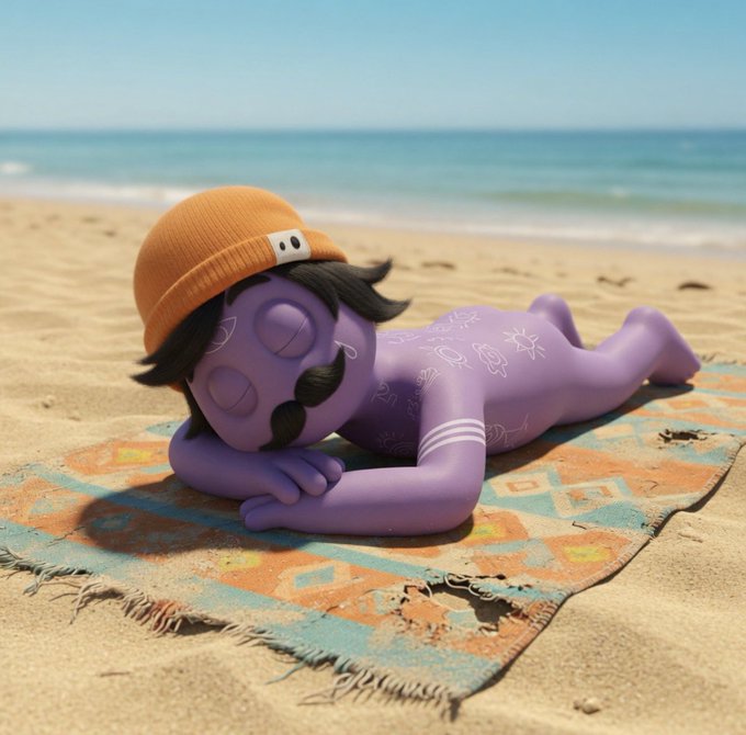 A purple character with a mustache, wearing an orange beanie, lies peacefully on a frayed patterned beach towel on a sandy beach with the ocean in the background.

The image's relaxed beach scene—featuring a character resting contentedly—visually echoes the post's message about the Long Lost NFT community being a place where people genuinely enjoy sticking around, rather than just chasing floor prices.