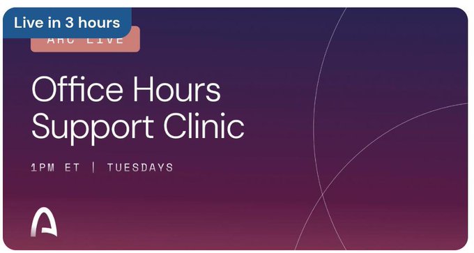 An event announcement card for ARC Live's 'Office Hours Support Clinic' scheduled at 1PM ET on Tuesdays, noting 'Live in 3 hours' with a stylized 'A' logo.