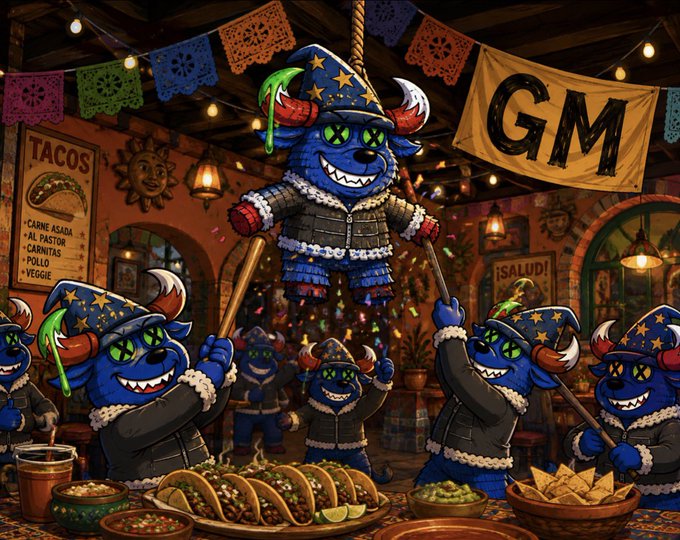 A festive Mexican-themed celebration features blue furry creatures in wizard hats and armor smashing a piñata, surrounded by colorful tacos, while a "GM" banner hangs above and a "TACOS" menu lists carne asada, al pastor, carnitas, pollo, and veggie options—perfectly capturing the cheerful Taco Tuesday greeting.