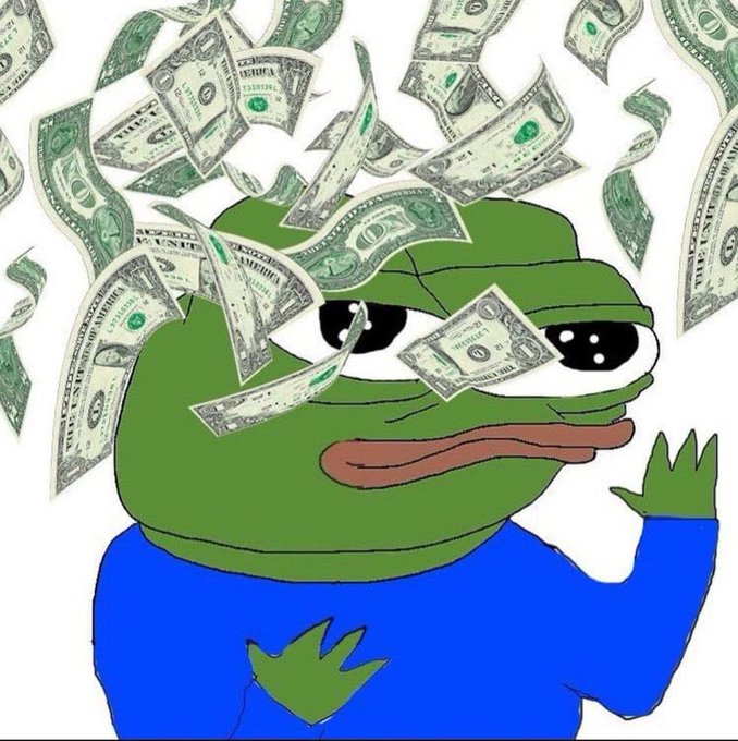 A meme featuring Sad Pepe the Frog surrounded by falling one-dollar bills.