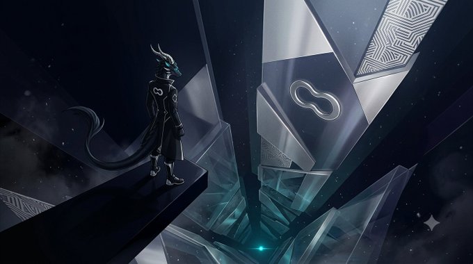 A dark fantasy illustration depicts a horned, reptilian humanoid figure in a black coat standing on a ledge, overlooking a massive, glowing crystalline structure in space.