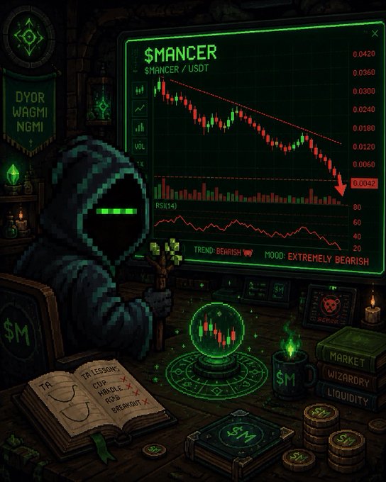 A pixel-art style scene shows a hooded figure with glowing green eyes looking at a bearish $MANCER/USDT trading chart displaying a downward trend with labels like 'TREND: BEARISH' and 'MOOD: EXTREMELY BEARISH', surrounded by books labeled 'TR', 'TG LESSONS', 'CUP', 'HANDLE', 'ROB', 'BREAKOUT', 'MARKET', 'WIZARDRY', and 'LIQUIDITY'.