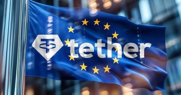 The image features a blue flag with white stars that says "Tether" written across it. The flag appears to be waving in the wind, possibly representing an online currency exchange platform or cryptocurrency trading service. The background of the image shows buildings, suggesting that the flag is located in an urban setting.