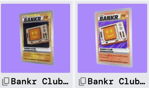 Two digital trading cards titled 'BANKR' showing a smiling TV character, with the left labeled 'BANKR CLUB MEMBERSHIP' and 'Your Hourly AI-Powered Crypto Companion,' and the right labeled 'BANKR CLUB MEMBERSHIP' and 'Your Friendly AI-Powered Crypto Companion,' both noting '1,500 FOUNDING MEMBERS ONLY.'