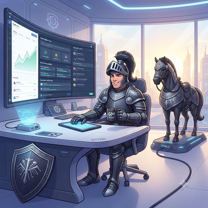 A digital illustration of a knight in armor sitting at a futuristic desk with holographic screens, accompanied by an armored horse.