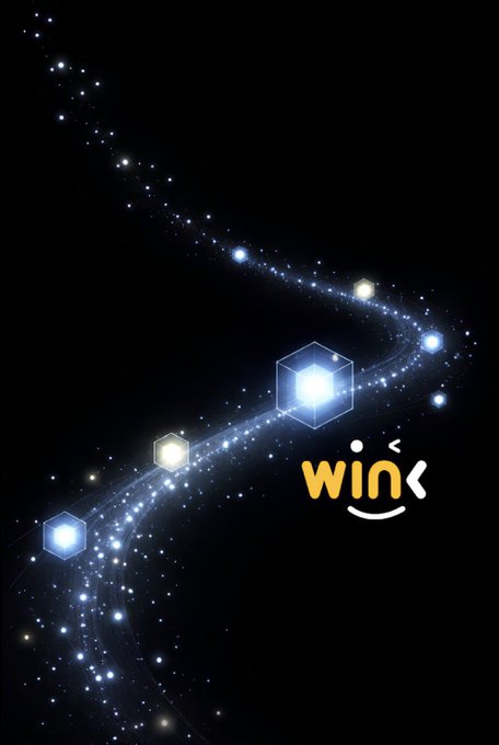 The image features the "Wink" logo alongside a cosmic design of glowing hexagonal nodes connected by a flowing stream of blue particles against a black background, symbolizing the oracle network that bridges blockchain with real-world data.