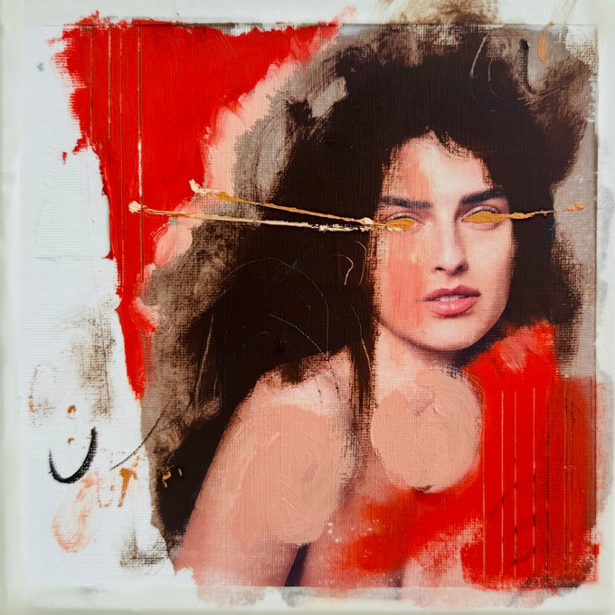 A mixed-media portrait painting of a woman with dark hair, featuring expressive brushstrokes, bold red paint drips, and yellow accents across her eyes.
