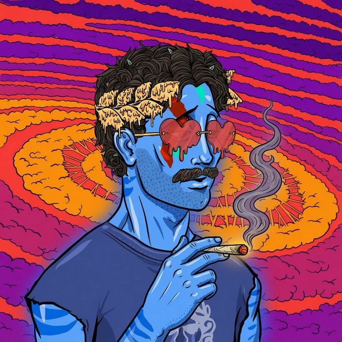 A vibrant psychedelic illustration of a blue-skinned man wearing heart-shaped sunglasses and a melting crown, smoking a joint against a colorful brain-patterned background.