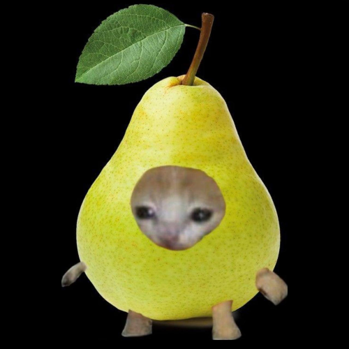 A surreal digital image of a yellow pear with a small monkey's face peeking through a hole in the fruit and tiny monkey arms and legs extending from it.