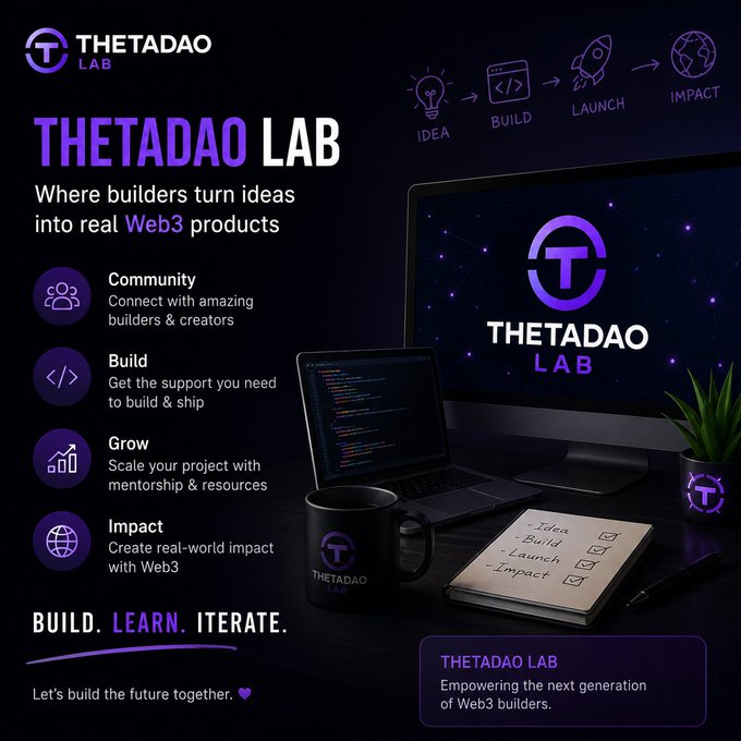 Promotional graphic for THETADAO LAB, described as 'Where builders turn ideas into real Web3 products,' featuring the four pillars of Community, Build, Grow, and Impact, with the tagline 'BUILD. LEARN. ITERATE.'