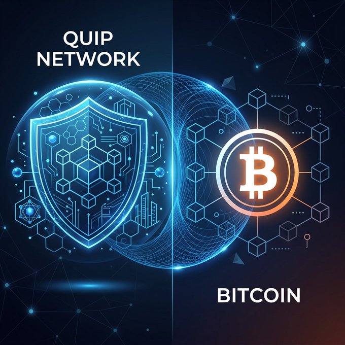 A graphic promoting 'QUIP NETWORK' and 'BITCOIN' features a blue digital shield alongside an orange Bitcoin logo against a tech-inspired network background.